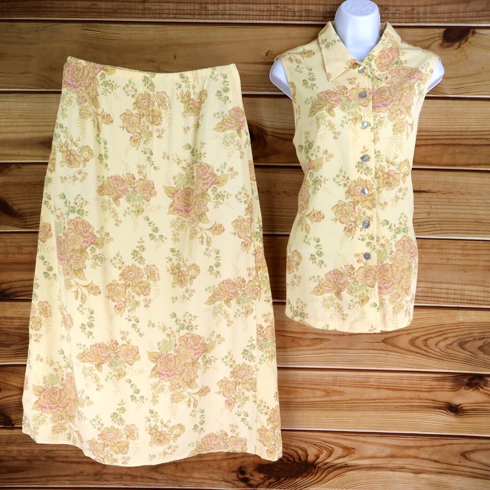 Coldwater Creek Button Up Shirt & Long Skirt Outfit/Set Womens L Yellow Floral